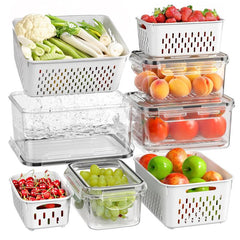 Fruit and Vegetable Storage Organizer Set, 8-Pack Double Drainer Kitchen Accessories, Essential Household Storage Solutions