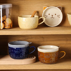 Cat Coffee Mug – Cute Shiba Cat Cup with Lid & Small Dish, Perfect Gift for Cat Lovers