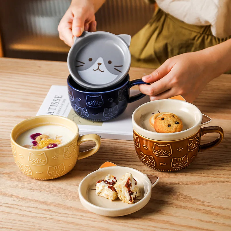 Cat Coffee Mug – Cute Shiba Cat Cup with Lid & Small Dish, Perfect Gift for Cat Lovers