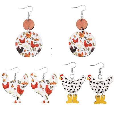 Cute Chicken Earrings – Double-Sided Wooden Drops