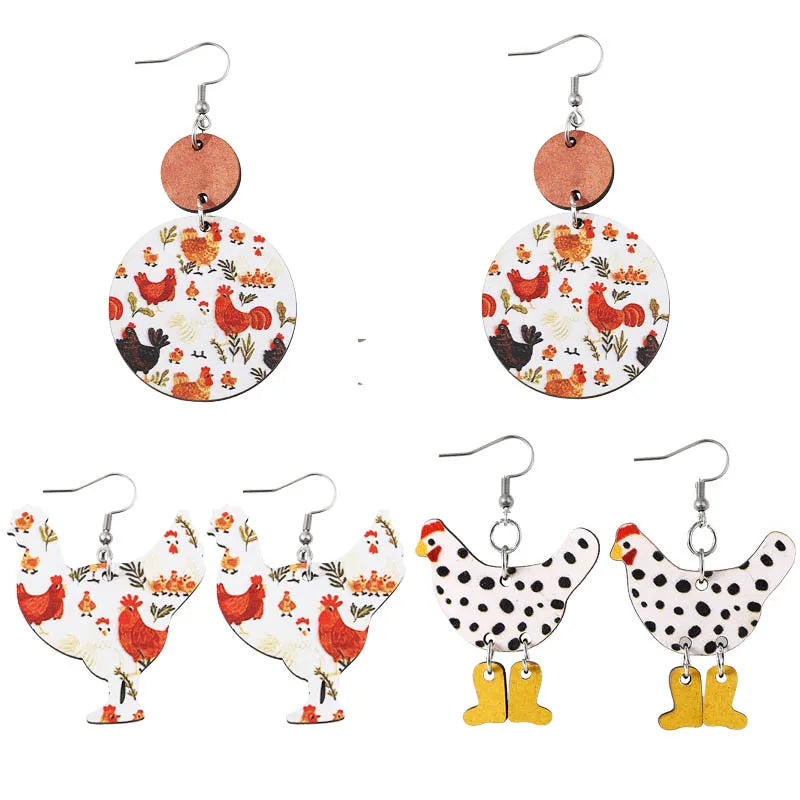 Cute Chicken Lover Earrings – Double-Sided Wooden Farm Animal Drop Earrings, Personalized Gift for Women