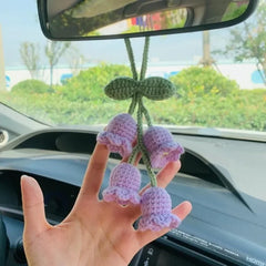 Handmade Crochet Lily Car Pendant – Bluebell Flower Rearview Mirror Hanging Decoration & Keychain