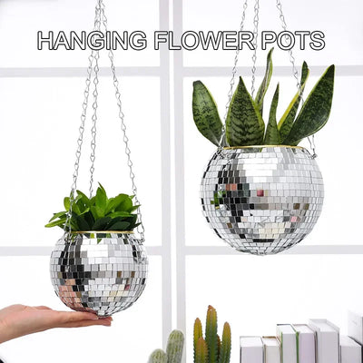 Hanging Disco Ball Planter – Retro Mirror Plant Pot with Chain, Stylish Home & Garden Decor