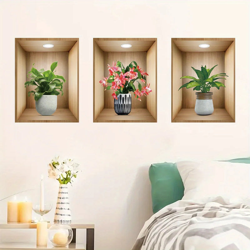 3D Watercolor Potted Flower Wall Stickers – Removable Vinyl Decals for Bedroom, Living Room & Nursery