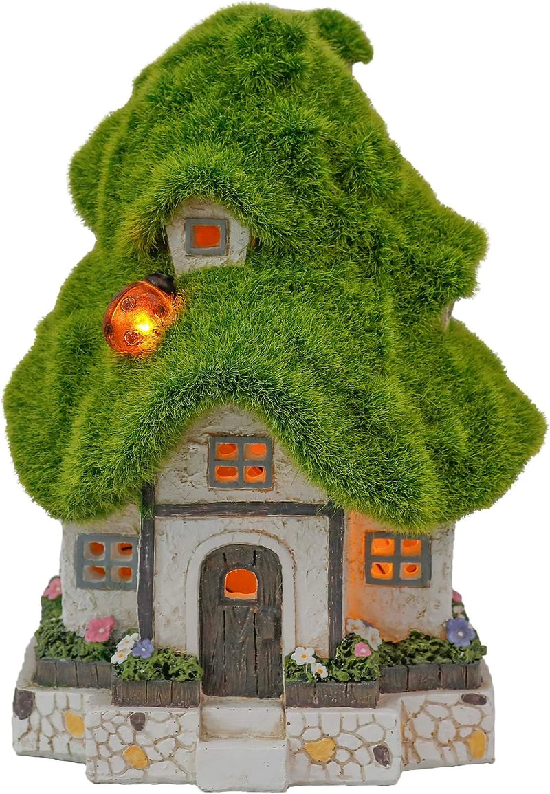 Solar-Powered Flocked Fairy House Garden Statue – Resin Outdoor Cottage Lawn Ornament for Patio & Yard Decor