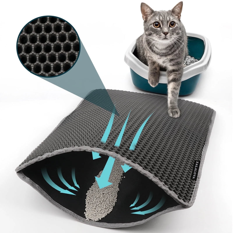 Premium Non-Slip Cat Litter Mat - 24x15 Inch Waterproof Honeycomb Design, Soft on Paws, Easy to Clean (Black)