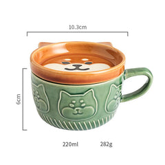 Cat Coffee Mug – Cute Shiba Cat Cup with Lid & Small Dish, Perfect Gift for Cat Lovers